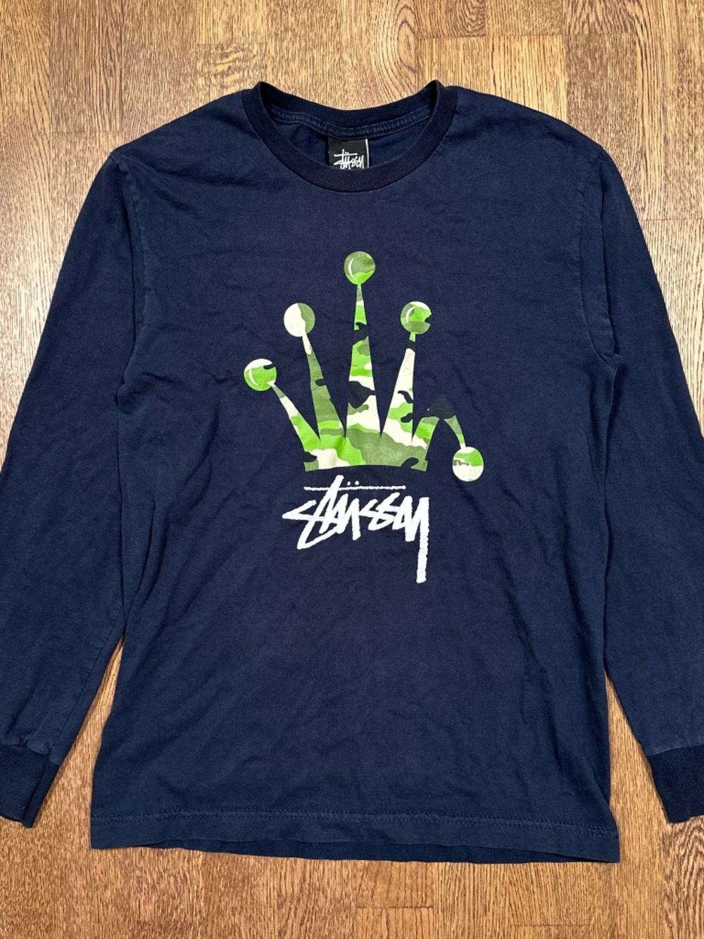 Stussy Camo Crown Script Logo Navy Blue Cotton L/S T Shirt Mens XS/Small
